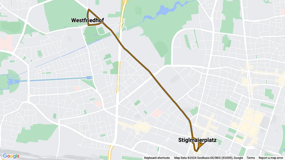 München sporvognslinje 21: Stiglmaierplatz - Westfriedhof linjekort