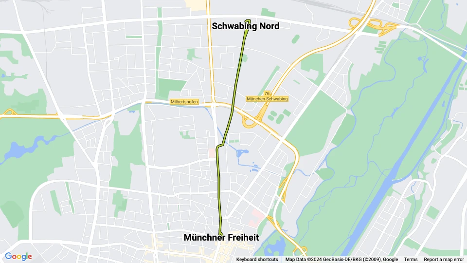 München sporvognslinje 23: Schwabing Nord - Münchner Freiheit linjekort
