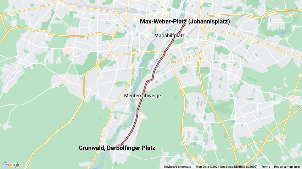 München sporvognslinje 25: Grünwald, Derbolfinger Platz - Max-Weber-Platz (Johannisplatz) linjekort