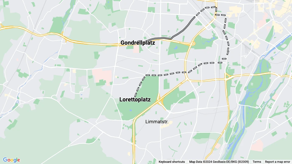 München sporvognslinje 26: Gondrellplatz - Lorettoplatz linjekort