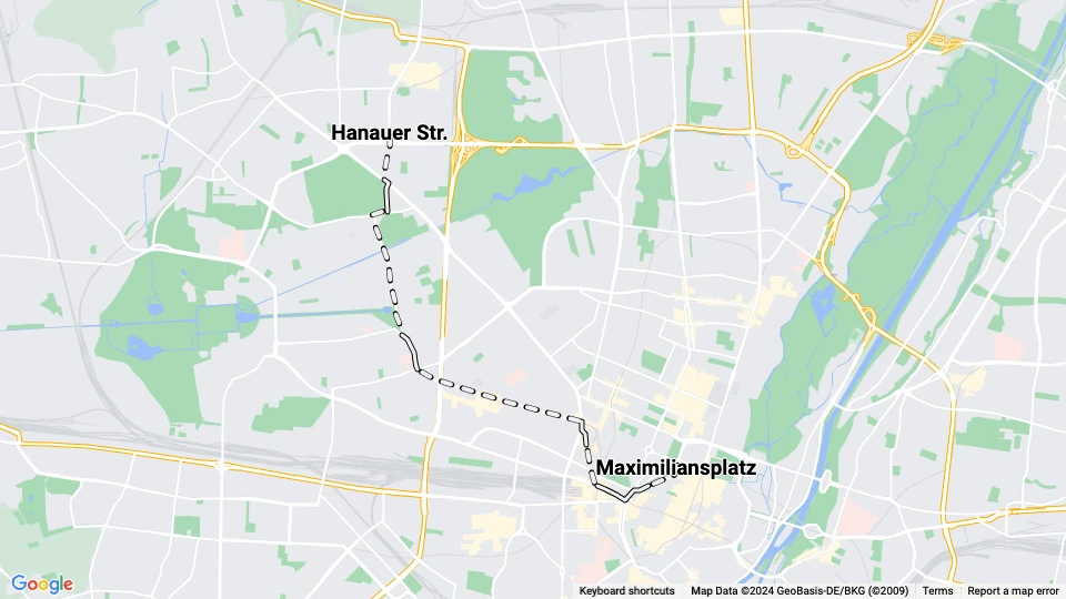 München sporvognslinje 4: Maximiliansplatz - Hanauer Str. linjekort