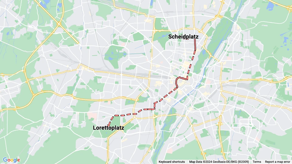 München sporvognslinje 6: Scheidplatz - Lorettoplatz linjekort