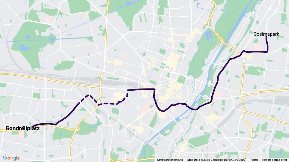 München sporvognslinje 9: Gondrellplatz - Cosimapark linjekort