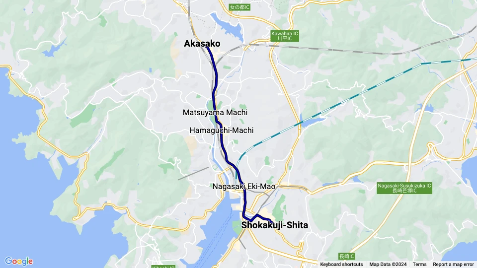 Nagasaki sporvognslinje 1: Akasako - Shokakuji-Shita linjekort