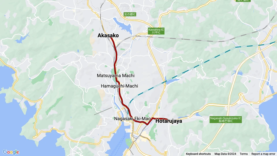 Nagasaki sporvognslinje 3: Akasako - Hotarujaya linjekort