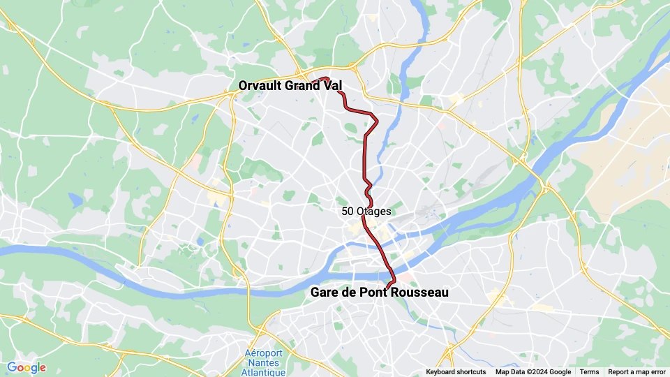 Nantes sporvognslinje 2: Gare de Pont Rousseau - Orvault Grand Val linjekort
