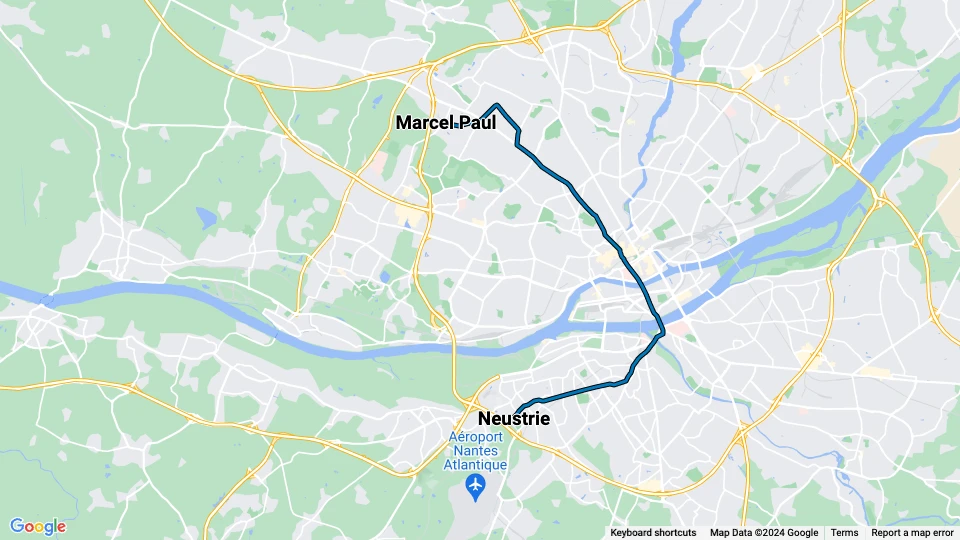 Nantes sporvognslinje 3: Marcel Paul - Neustrie linjekort