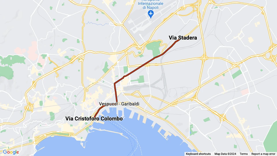 Napoli sporvognslinje 1: Via Cristoforo Colombo - Via Stadera linjekort