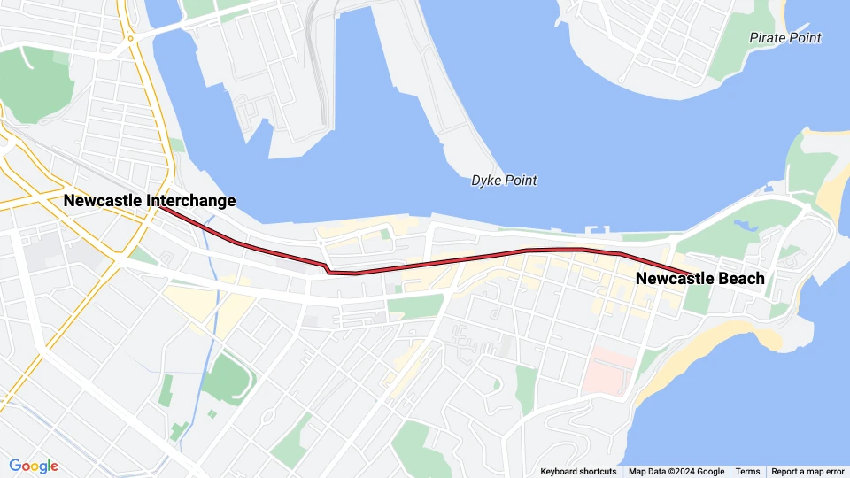 Newcastle sporvognslinje L: Newcastle Beach - Newcastle Interchange linjekort
