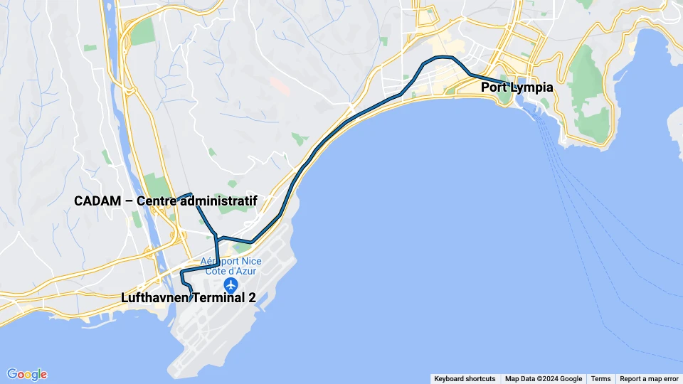 Nice sporvognslinje 2: Lufthavnen Terminal 2 - Port Lympia linjekort