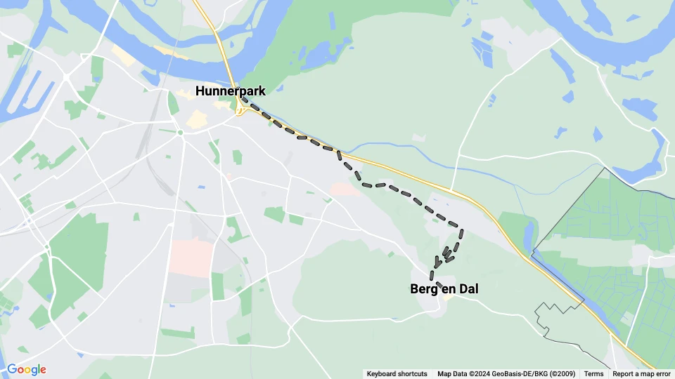 Nijmegen sporvognslinje 2: Berg en Dal - Hunnerpark linjekort