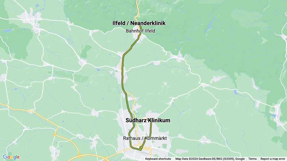 Nordhausen regionallinje 10: Ilfeld / Neanderklinik - Südharz Klinikum linjekort