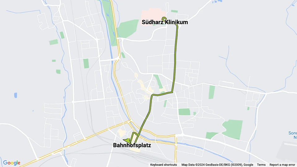 Nordhausen sporvognslinje 1: Südharz Klinikum - Bahnhofsplatz linjekort