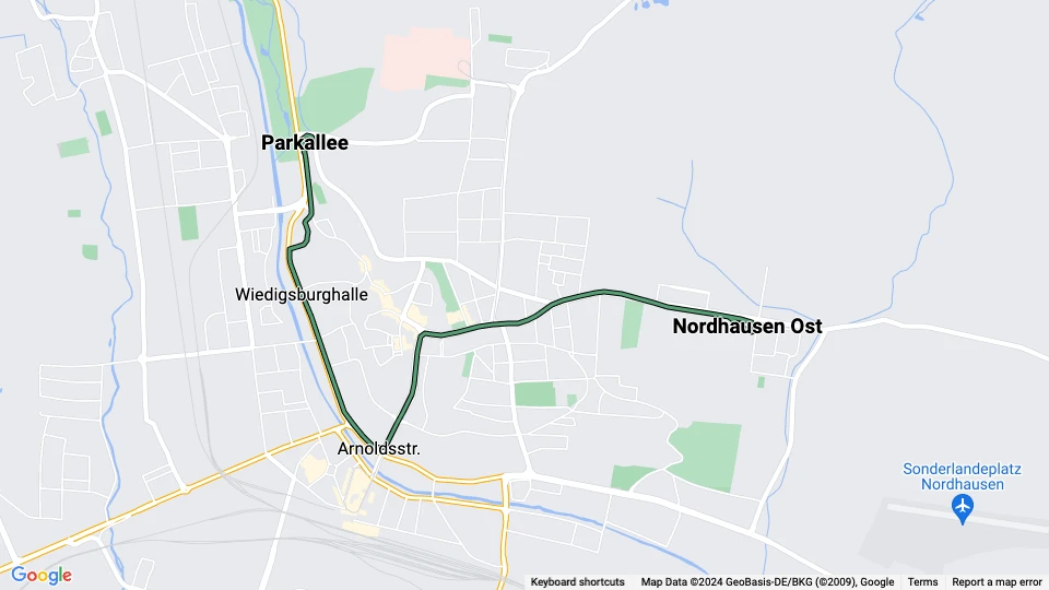 Nordhausen sporvognslinje 2: Parkallee - Nordhausen Ost linjekort