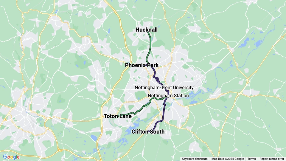 Nottingham Express Transit (NET) linjekort