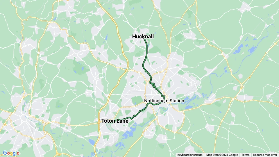 Nottingham sporvognslinje Grøn: Hucknall - Toton Lane linjekort