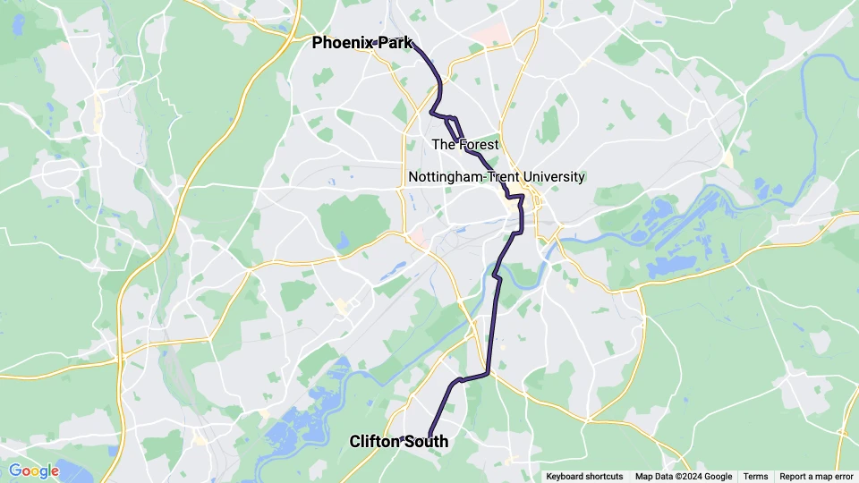 Nottingham sporvognslinje Lilla: Clifton South - Phoenix Park linjekort
