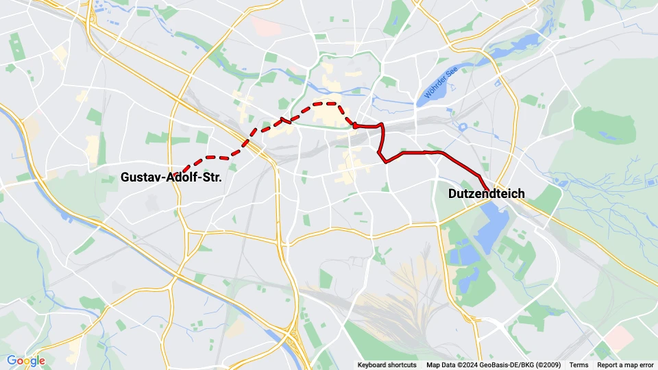 Nürnberg sporvognslinje 2: Gustav-Adolf-Str. - Dutzendteich linjekort