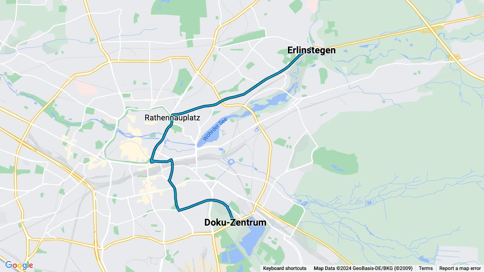 Nürnberg sporvognslinje 8: Doku-Zentrum - Erlinstegen linjekort