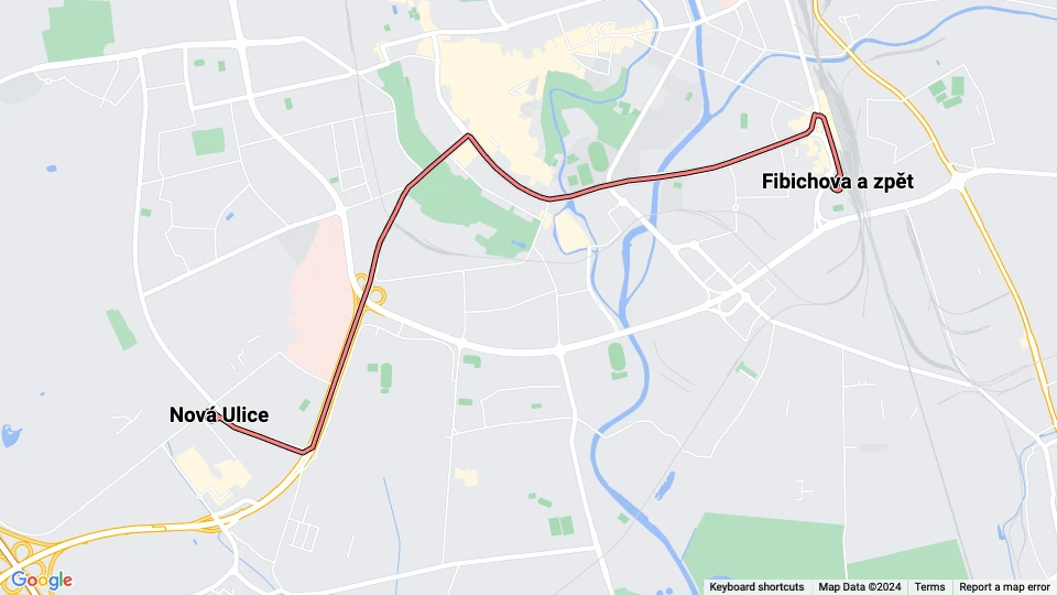 Olomouc ekstralinje 1: Nová Ulice - Fibichova a zpět linjekort