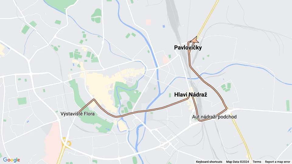 Olomouc sporvognslinje X4: Pavlovičky - Výstaviště Flora linjekort
