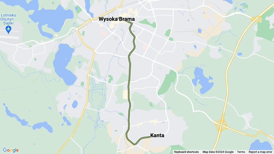 Olsztyn sporvognslinje 1: Wysoka Brama - Kanta linjekort