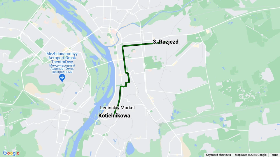Omsk sporvognslinje 9: Kotielnikowa - 3. Razjezd linjekort