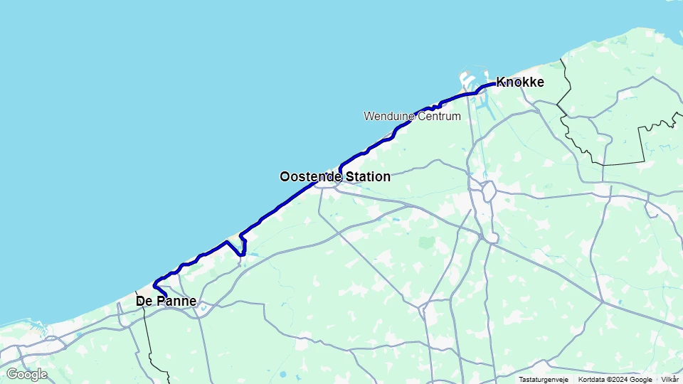 Oostende De Kusttram: Knokke - De Panne linjekort