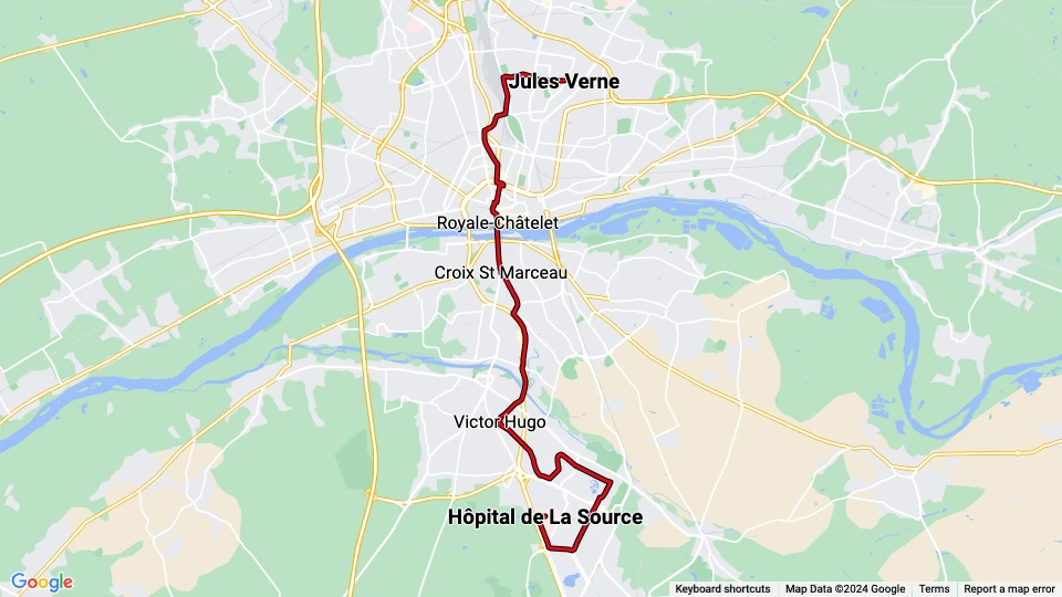 Orléans sporvognslinje A: Jules Verne - Hôpital de La Source linjekort
