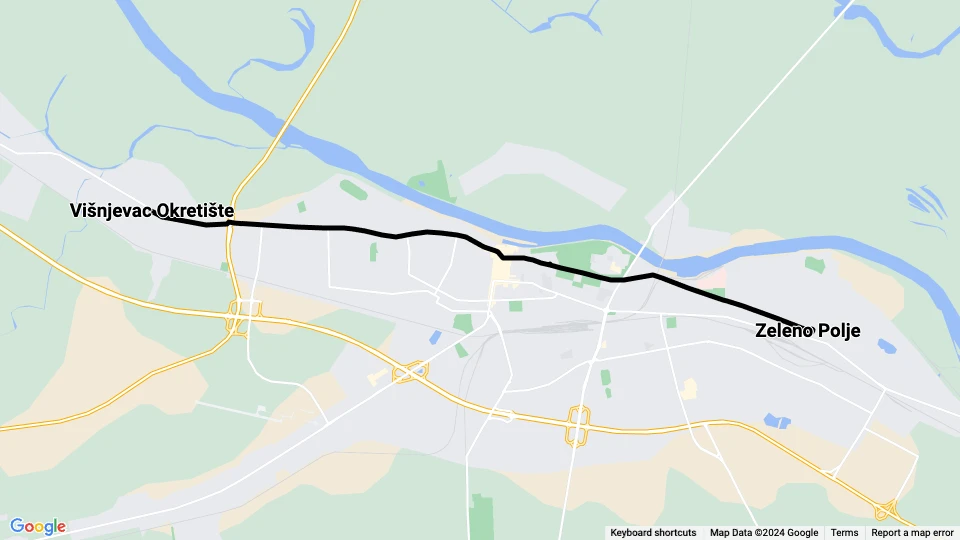 Osijek sporvognslinje 1: Višnjevac Okretište - Zeleno Polje linjekort