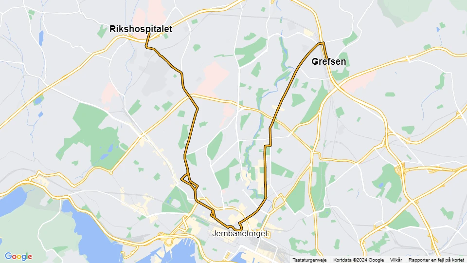 Oslo sporvognslinje 18: Grefsen stasjon - Rikshospitalet linjekort