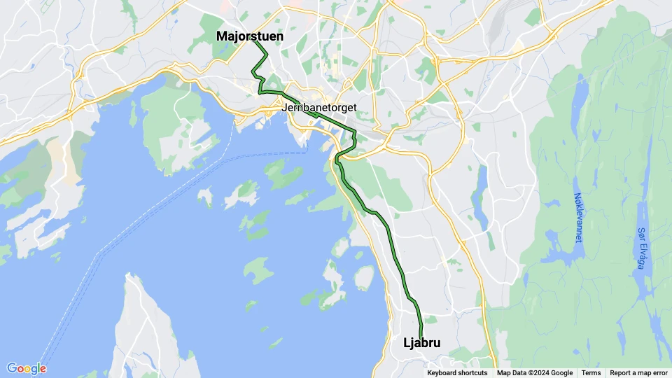 Oslo sporvognslinje 19: Majorstuen - Ljabru linjekort