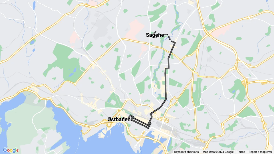 Oslo sporvognslinje 5: Sagene - Østbanen linjekort