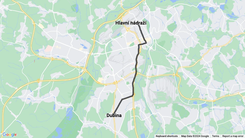 Ostrava sporvognslinje 1: Hlavní nádraží - Dubina linjekort