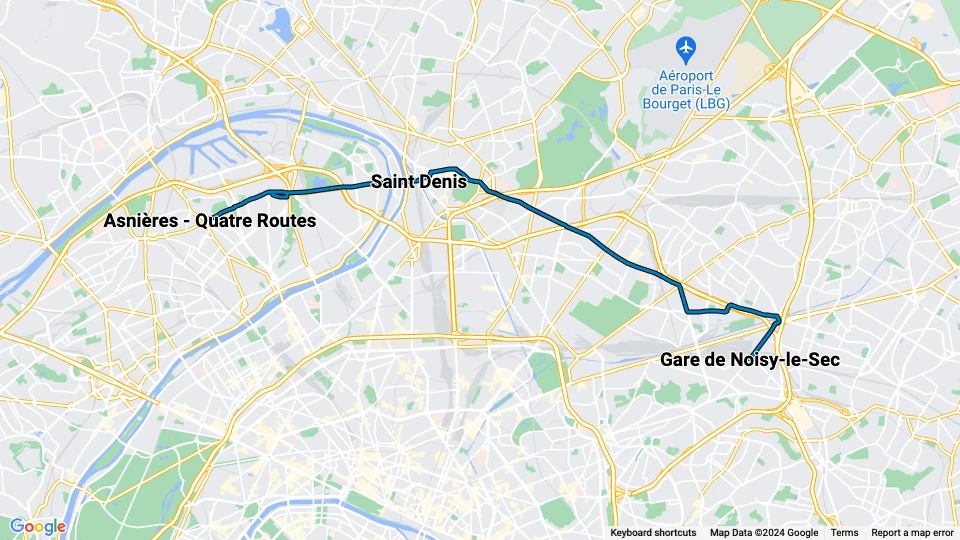 Paris sporvognslinje T1: Gare de Noisy-le-Sec - Asnières - Quatre Routes linjekort