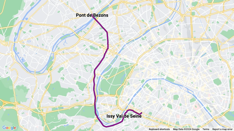 Paris sporvognslinje T2: Pont de Bezons - Porte de Versailles linjekort