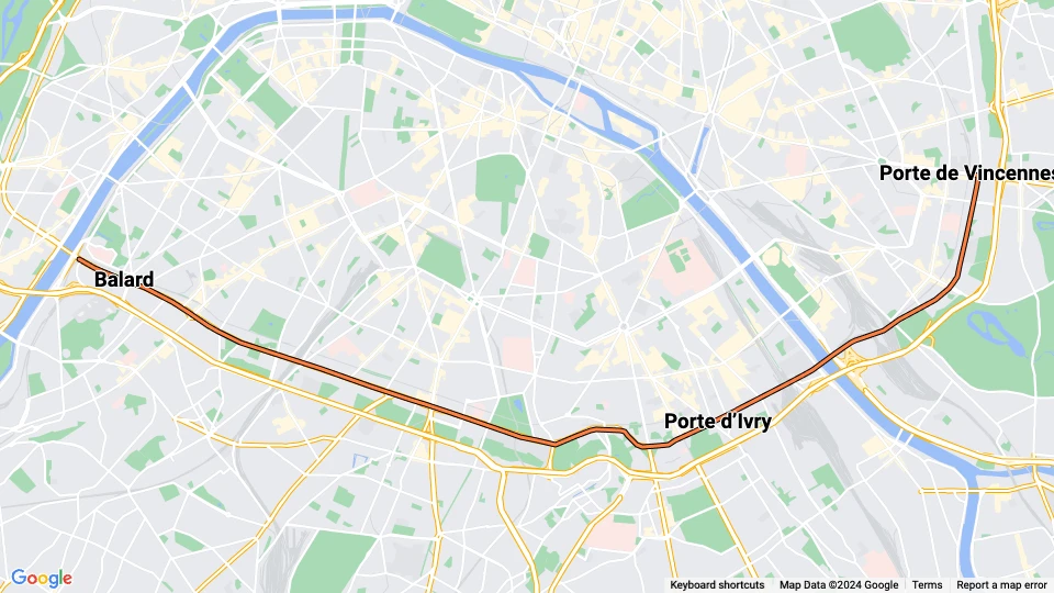 Paris sporvognslinje T3a: Pont Garigliano - Hopital Europeen George Pompidou - Porte de Vincennes linjekort