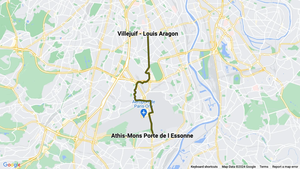 Paris sporvognslinje T7: Villejuif - Louis Aragon - Athis-Mons Porte de l’Essonne linjekort