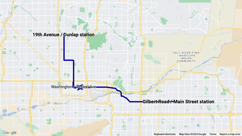 Phoenix Valley Metro Rail: 19th Avenue / Dunlap station - Gilbert Road / Main Street station linjekort