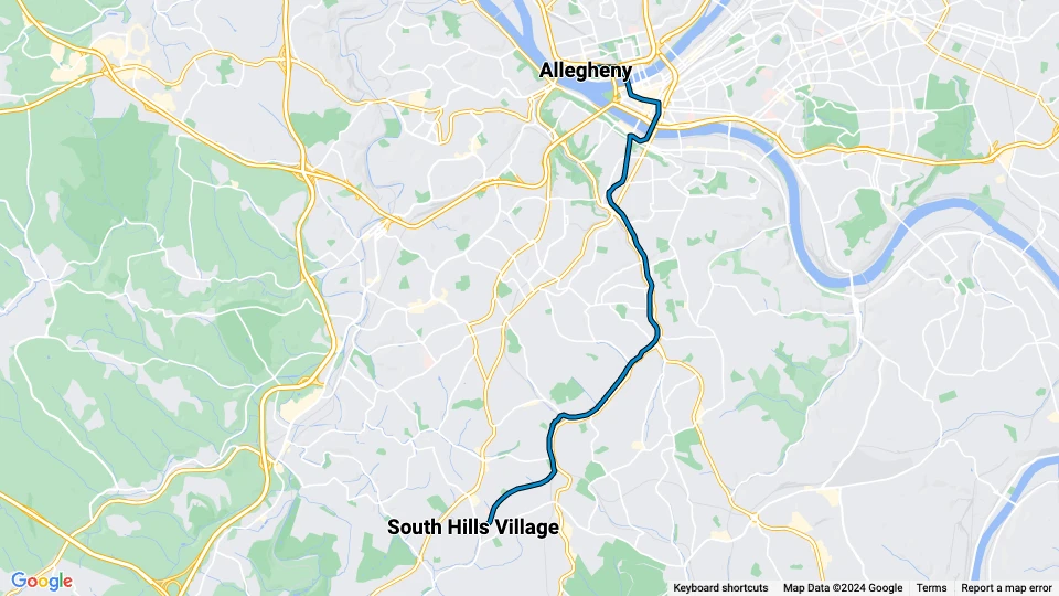 Pittsburgh sporvognslinje Blå: Allegheny - South Hills Village linjekort