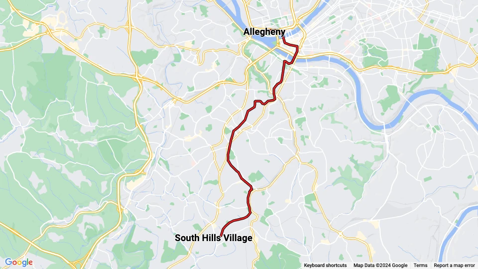 Pittsburgh sporvognslinje Rød: Allegheny - South Hills Village linjekort