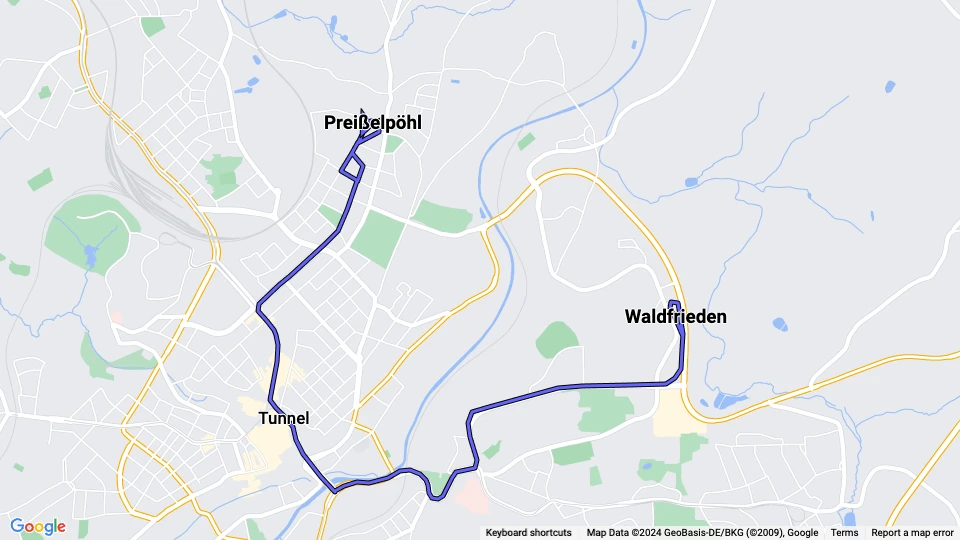 Plauen sporvognslinje 2: Preißelpöhl - Waldfrieden linjekort