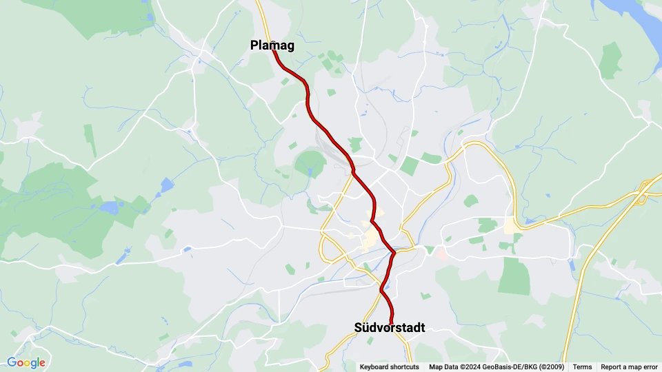Plauen sporvognslinje 5: Plamag - Südvorstadt linjekort