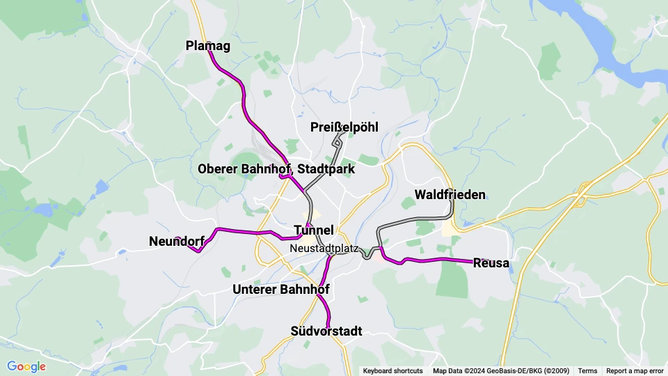 Plauener Straßenbahn (PSB) linjekort