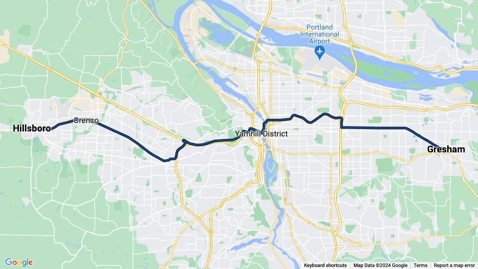 Portland regionallinje Blå: Gresham - Hillsboro linjekort