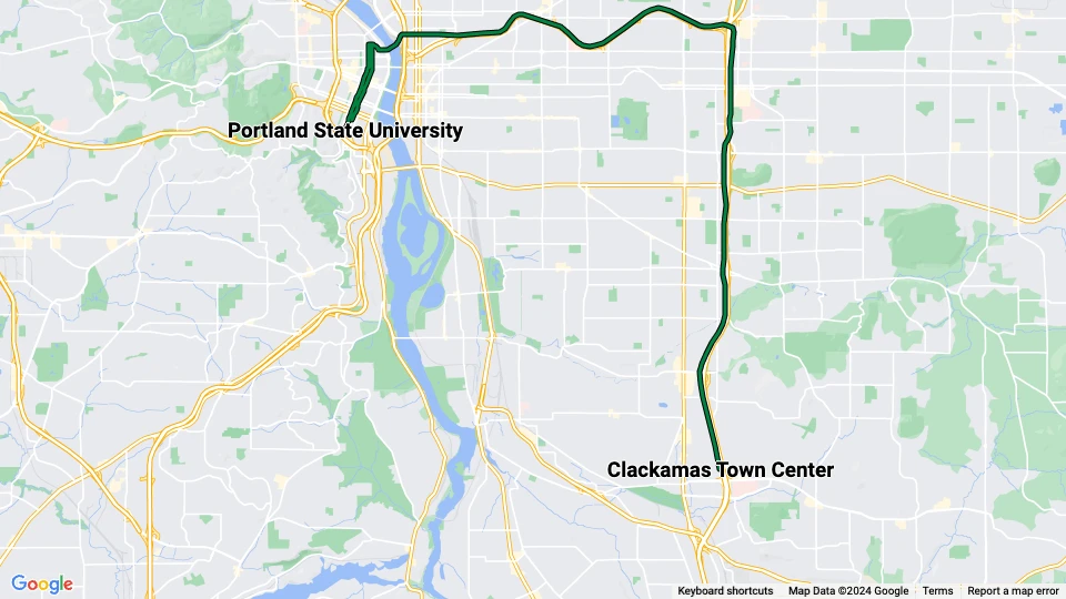 Portland regionallinje Grøn: Clackamas Town Center - Portland State University linjekort
