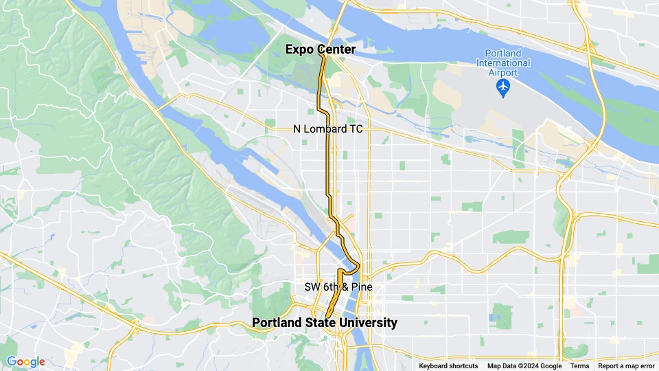 Portland regionallinje Gul: Portland State University - Expo Center linjekort