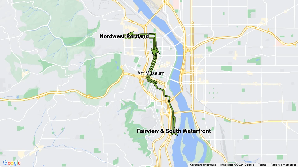 Portland sporvognslinje NS: Nordwest Portland - Fairview & South Waterfront linjekort