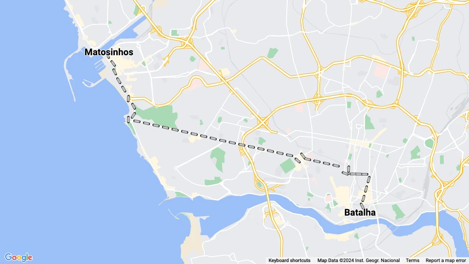 Porto sporvognslinje 16: Batalha - Matosinhos linjekort