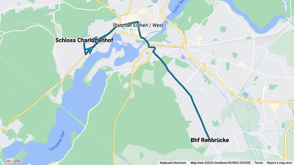Potsdam ekstralinje 98: Schloss Charlottenhof - Bhf Rehbrücke linjekort